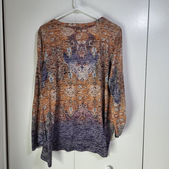 ONE WORLD Women's XL Rhinesonte Burnout Boho Blouse Top Roll Tab Sleeves NWT - Picture 3 of 10